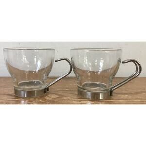 Set Pair 2 Bormioli Rocco Verdi Tempered Glass Stainless Espresso Coffee Cups